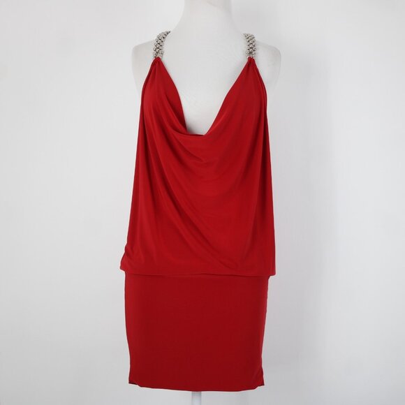 Cache Sz XS Red Silver Beads Racer Back Draped Polyester Spandex Dress - Picture 2 of 14